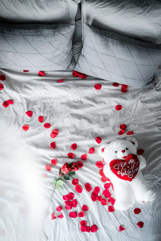 Rose petal spread on the bed with a teddy bear