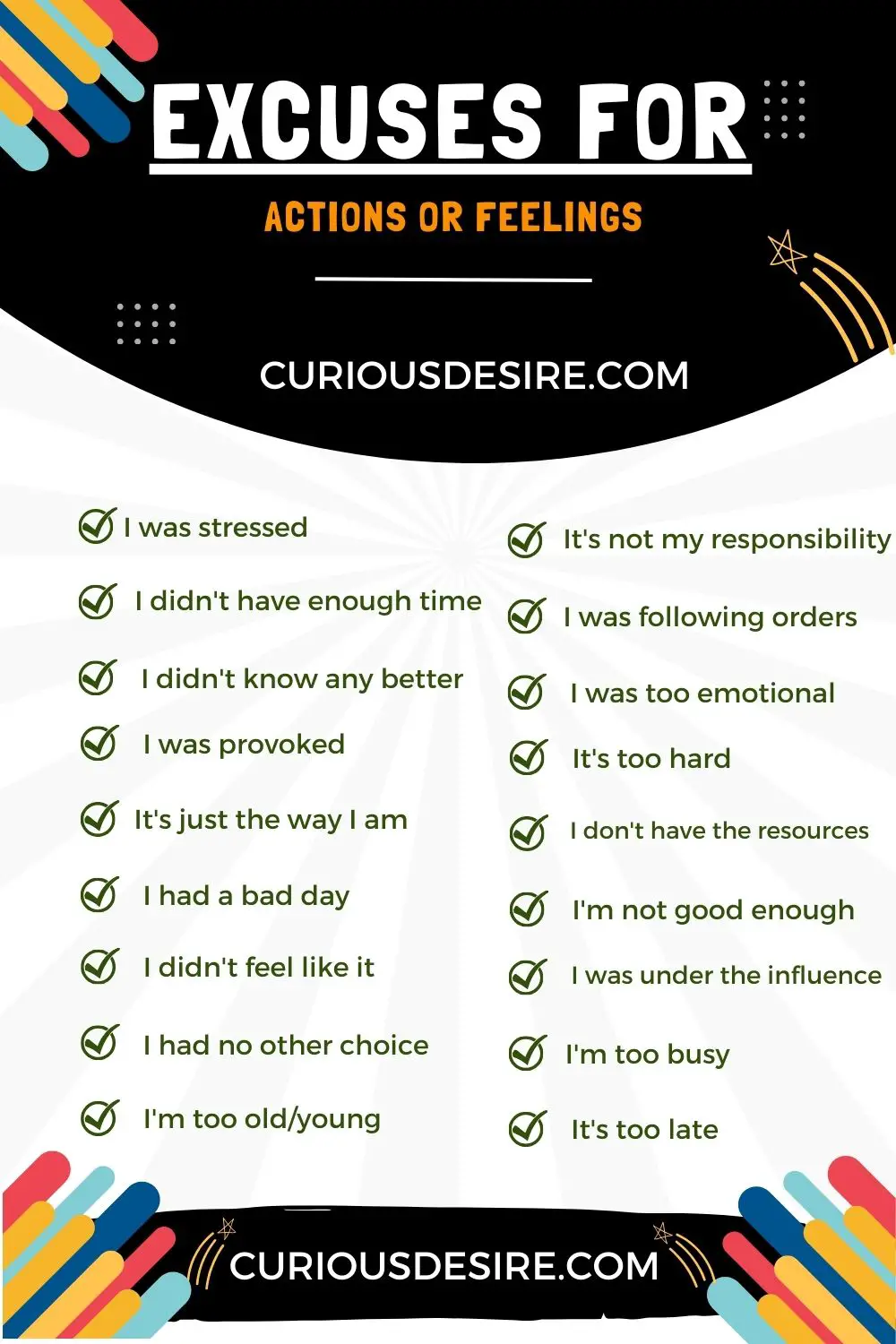 Top 30 Real Time Excuses For Actions Or Feelings
