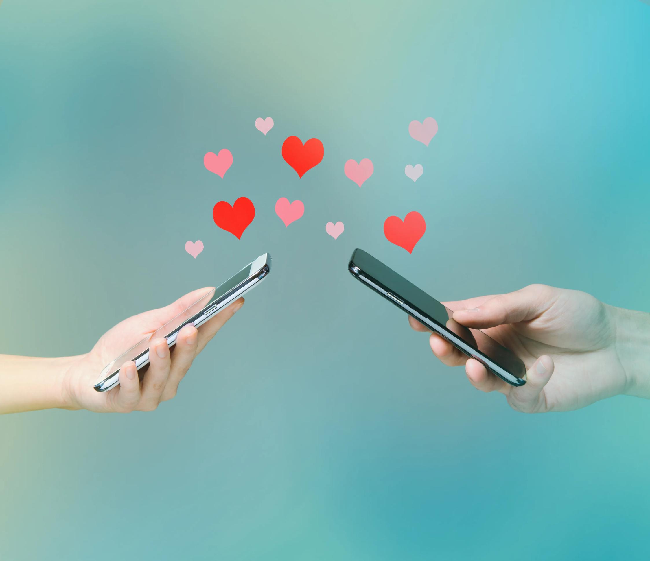 Two individuals holding phones against the blue background, depicting a connection in a long-distance relationship