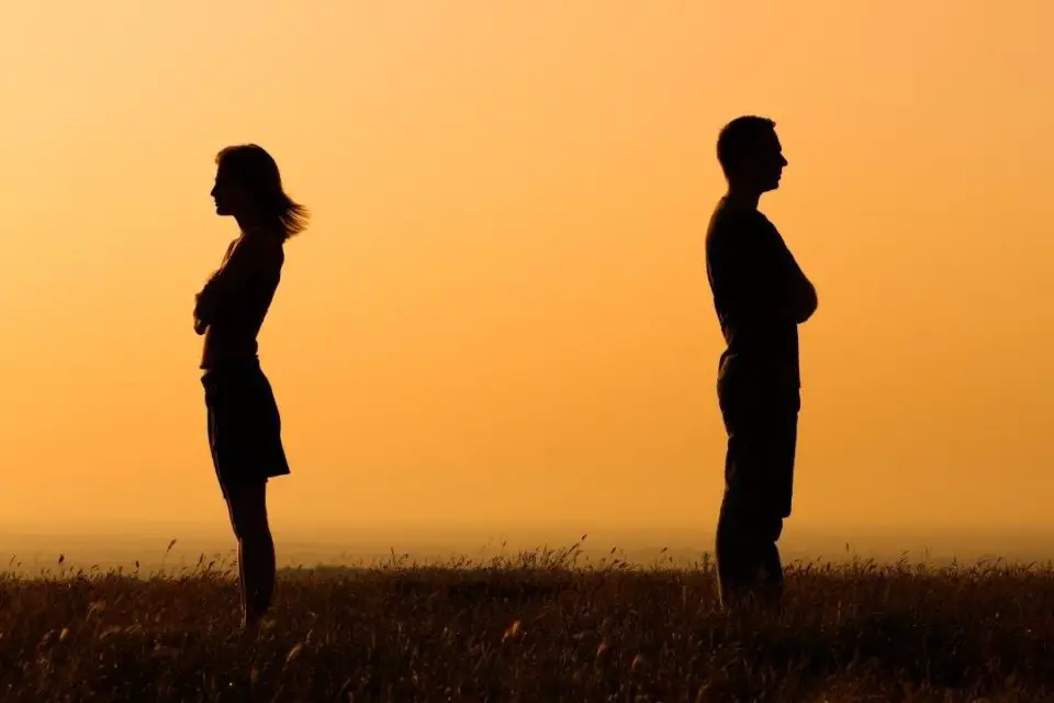 Silhouette of a man and woman standing back-to-back, expressing anger, in a rugged grassy setting.
