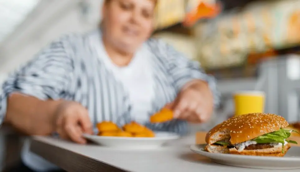 An obese person is seen eating food in an unfocused background with a burger placed on a table in foreground