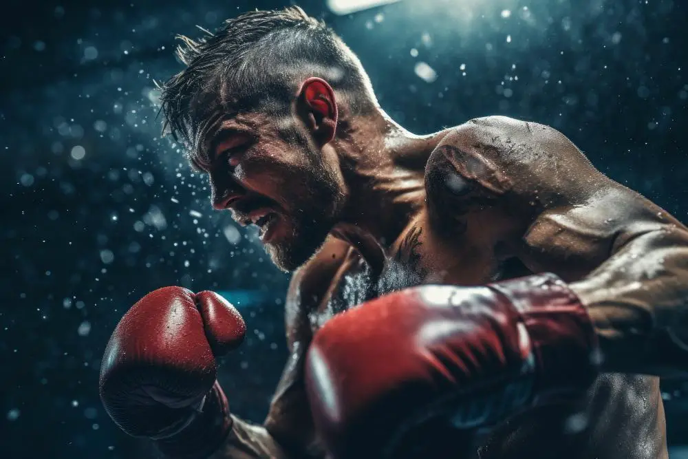 A close-up picture of a boxer, showing intensity in his face, focusing on his goal