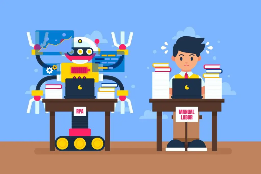 Machine is doing work on computer while human is doing the same work manually 