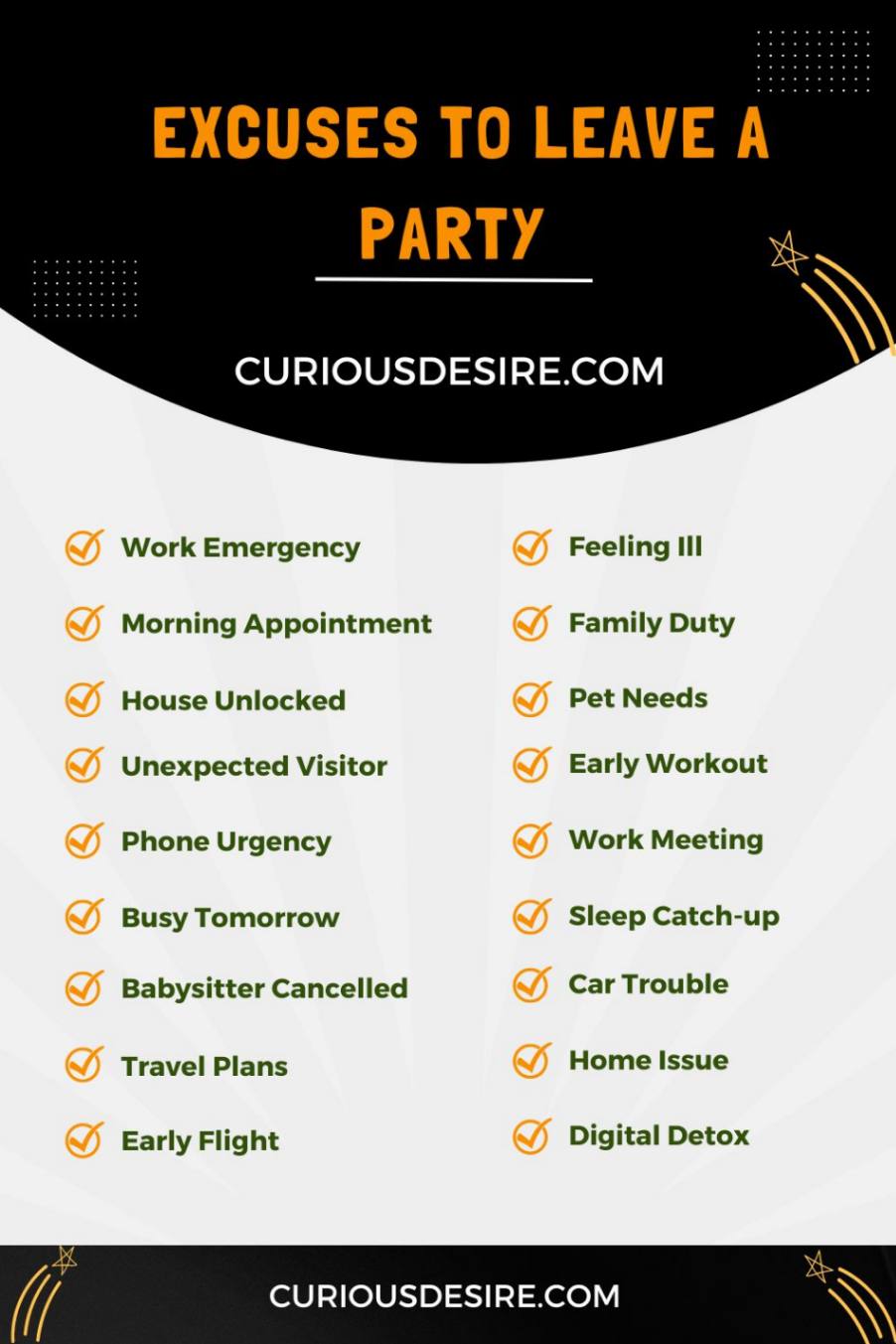 Excuses to Leave a Party infographic 