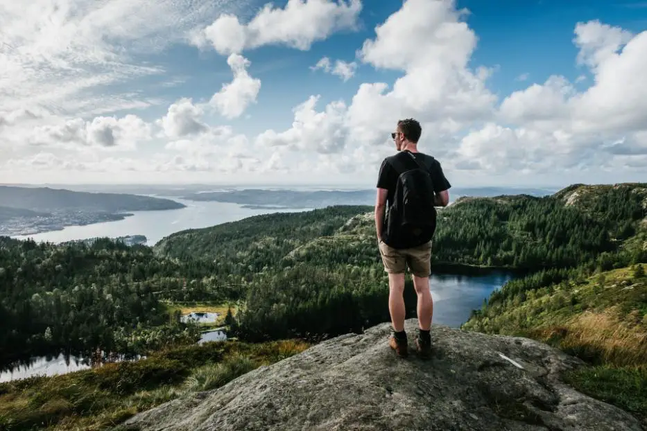A geocacher standing atop a cliff, gazing into the distance and enjoying the scenic view.