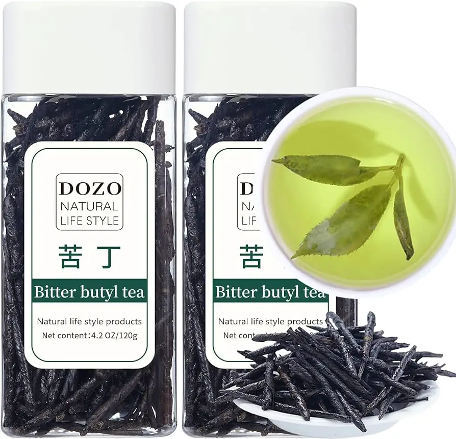 Kuding tea in two bottles and in a cup with water..