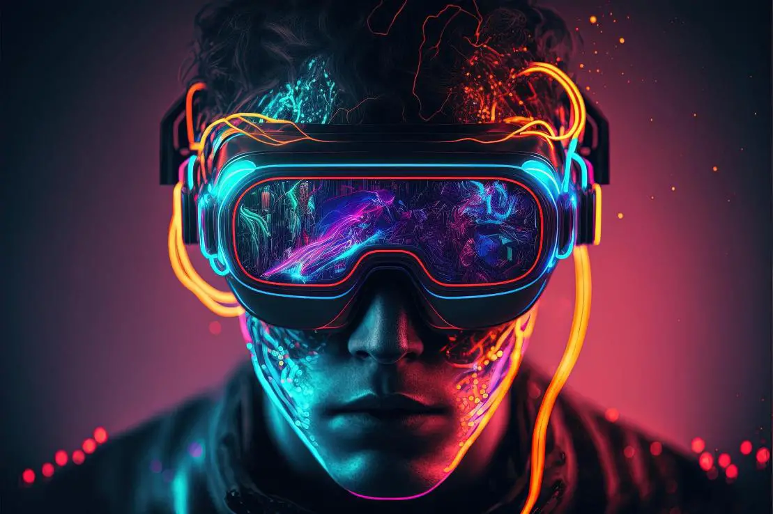 A man wearing Oculus Quest with various colorful lights illuminating his face