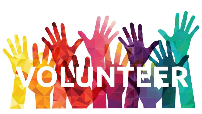 Vibrant illustration of raised hands in various colors with the word 'Volunteer' written in white fonts.