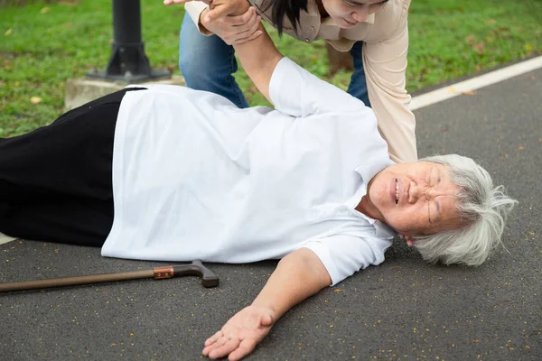 An elderly woman had a fall by the roadside, and a young woman trying to assist her in getting back on her feet.