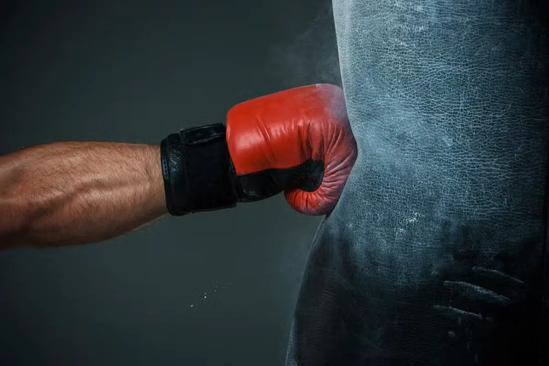 A man's hand wearing boxing gloves delivering a powerful punch to a sandbag