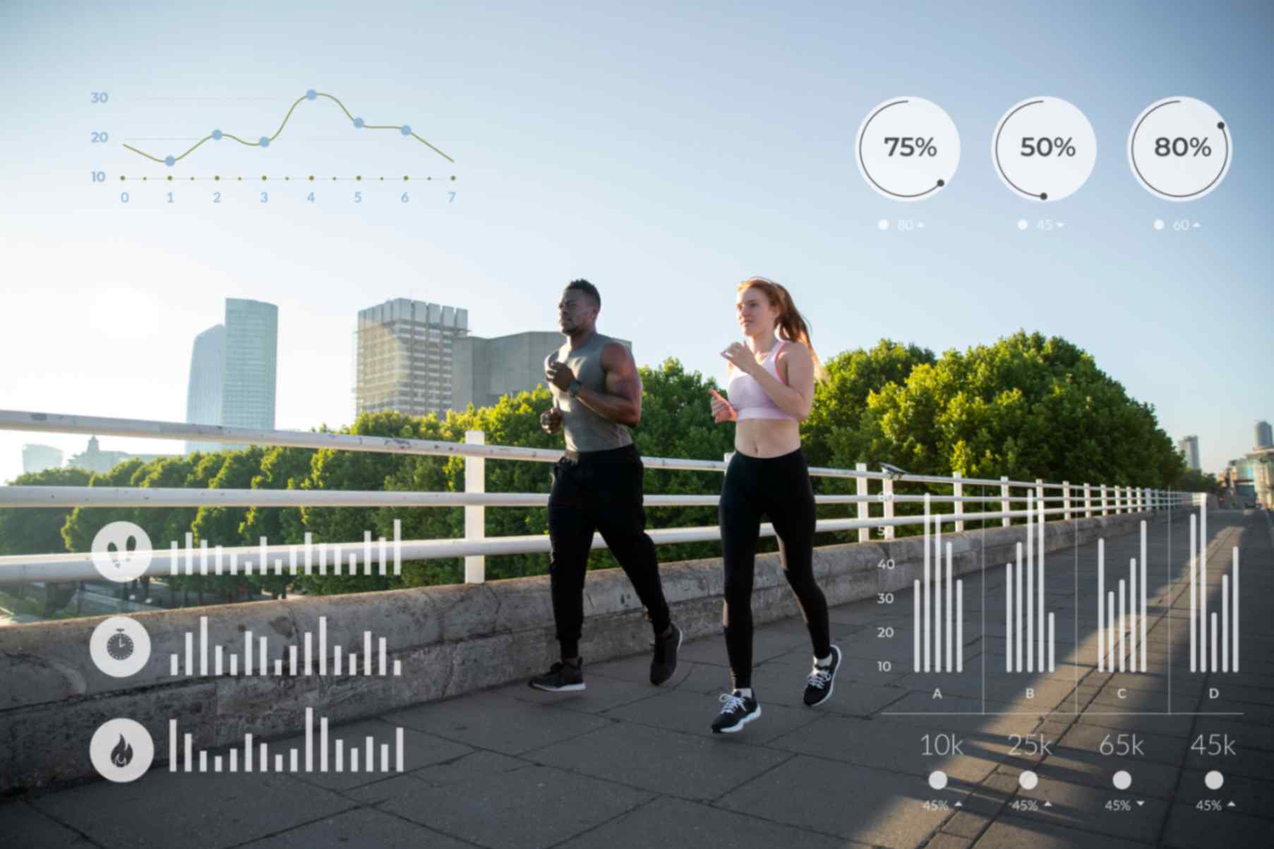 A boy and a girl running on a running track. Physical activity stats around a person