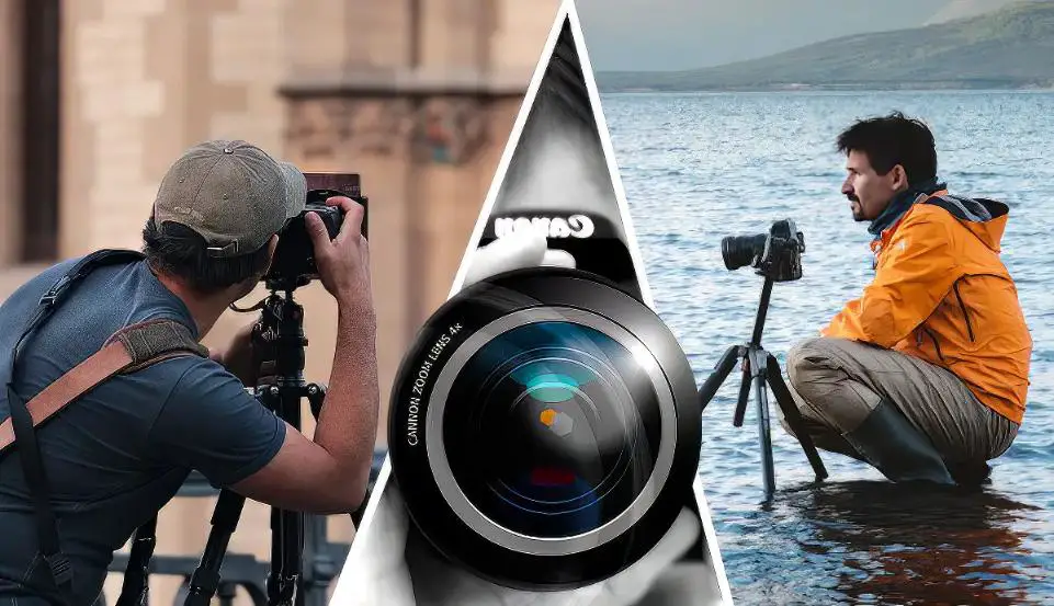 Collage of three images capturing the essence of photography: two photographers, one in a bustling street and the other by the sea, united by a camera placed between them