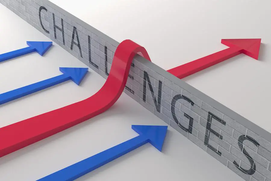 A red arrow surpasses the wall of challenges, while blue lines lag behind.