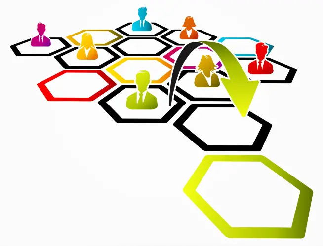 The illustration features a honeycomb-like structure with colorful hexagonal cells. Some cells contain human silhouettes representing individuals in an organization. An upward arrow indicates succession planning, with the top cell representing the leadership position.