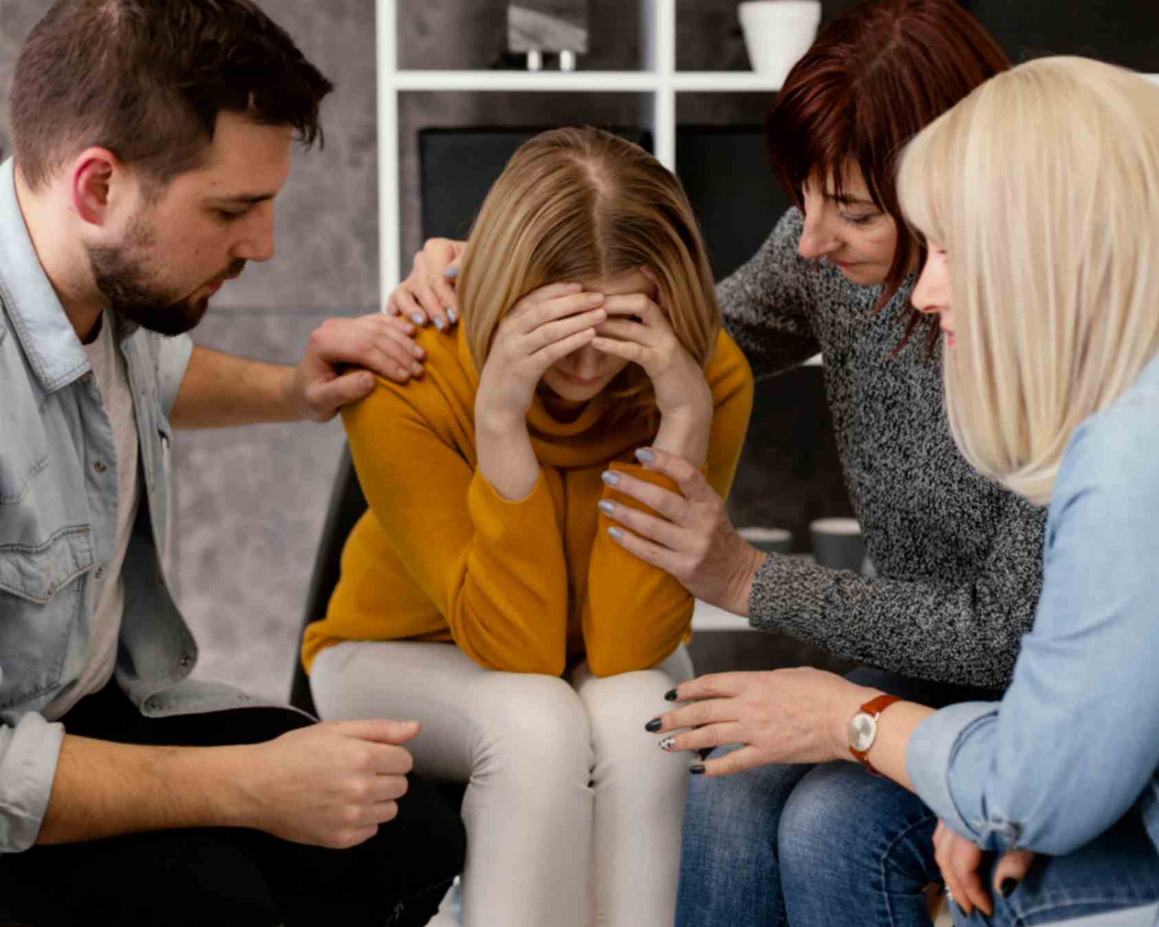 Family Comforting Depressed Woman