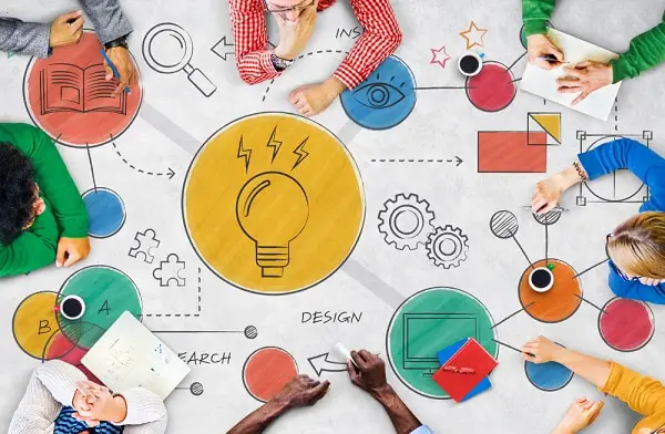 A diverse group engages in creative idea exchange, symbolized by icons: lightbulbs for ideas, keen-eyed figures, arrows for direction, and stars for creativity, showcasing collaborative innovation across diverse perspectives.