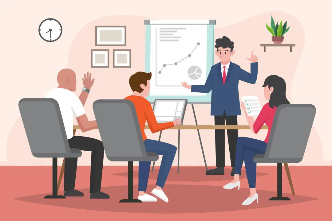 Three human cartoon characters sit around a table, listening to the fourth character who is animatedly explaining something to them.