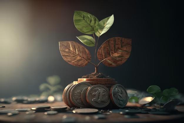 A small plant thriving amidst a bed of coins, symbolizing growth and prosperity through financial investments.