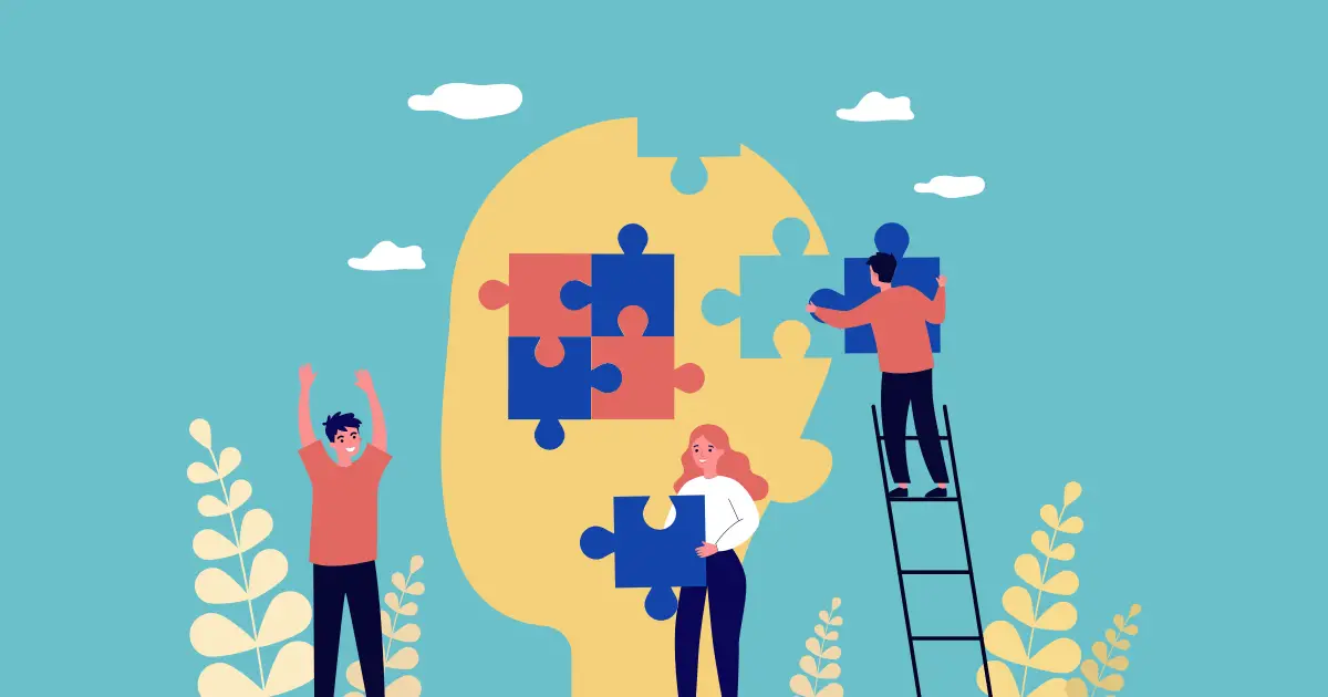 Cartoon characters assembling various puzzle pieces into a human head-shaped figure, symbolizing the development of metacognitive skills.