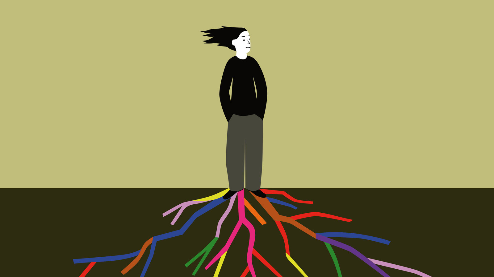 A girl cartoon standing on the ground with colorful roots originating from her feet, symbolizing resilience.
