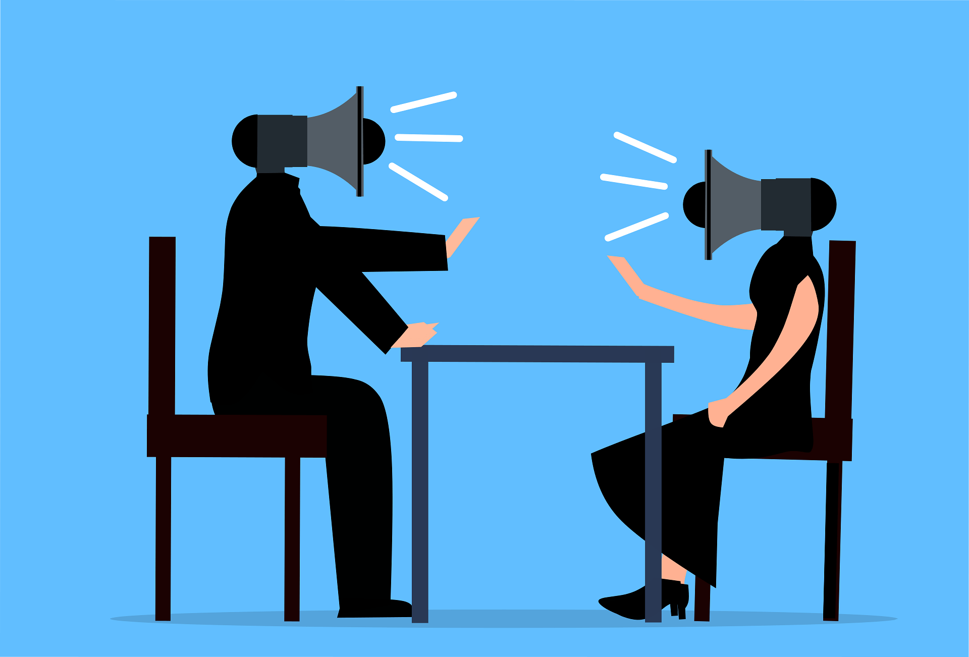 Two human-like figures sit at opposite sides of a table engaged in argument, represented by the presence of speakers where their heads should be.