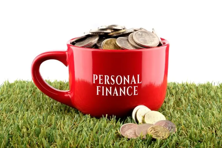 A red cup with "Personal Finance" written on it is placed on grass overflowing with coins.