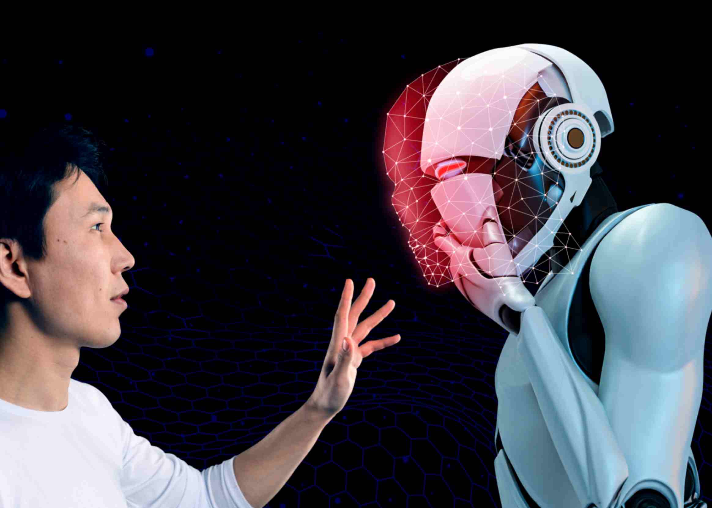 Picture of a man and AI robot where man is trying to explore the robot