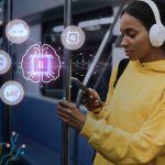 A girl wearing headphone using AI tools at job