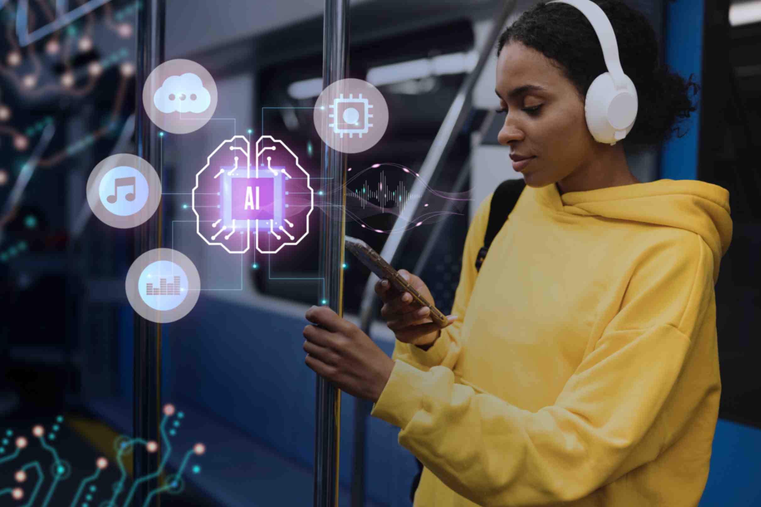 A girl wearing headphone using AI tools at job