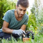 Close up portrait of bearded male gardener concentrated on planting sprout flower pot with garden tool