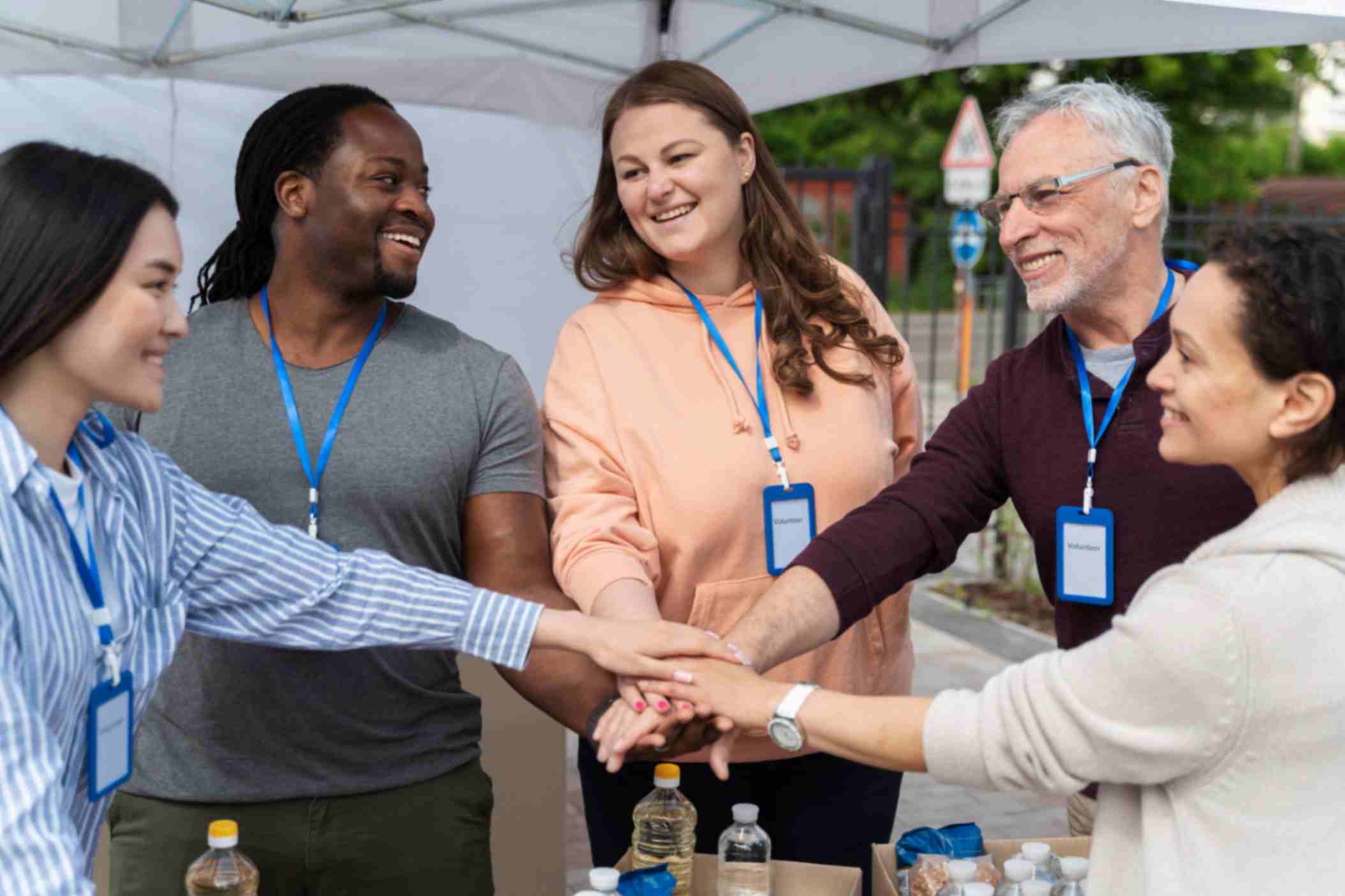 Group of different people volunteering at a foodbank
